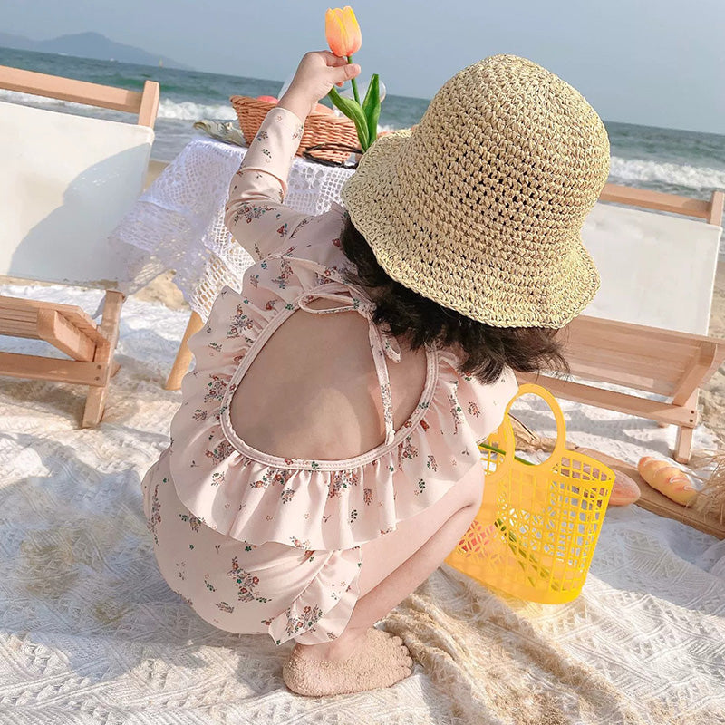 Girls' One-Piece Long Sleeve Swimsuit with Ruffled Hem