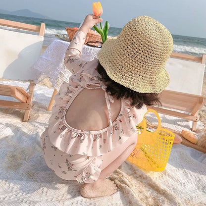 Girls' One-Piece Long Sleeve Swimsuit with Ruffled Hem