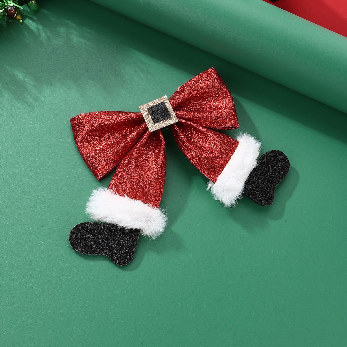 Christmas Glitter Bow Hair Clip with Santa Belt and Furry Trim Holiday Hair Accessory