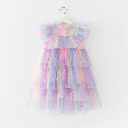 Girl's Rainbow Star Sequined Tulle Puff Sleeve Party Dress