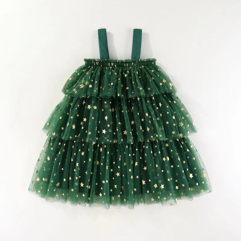 Christmas Pom Pom Green Tulle Ruffled Fashion Slip Dress