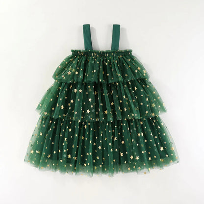 Christmas Pom Pom Green Tulle Ruffled Fashion Slip Dress