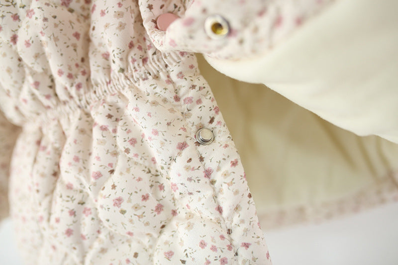 Baby Girls Winter Padded Coat Hooded Floral Jacket with Scarf Thick Warm Cotton Jacket