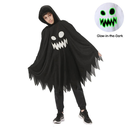 Kids Glow in the Dark Ghost Costume Halloween White and Black Cape with Light-Up Face