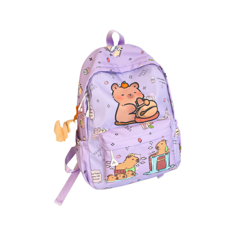 Capybara Print Trendy Print Large Backpack Back To School Bag With Plush Keychain
