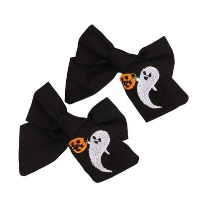 Girls Halloween Pumpkin Ghost Embroidery Orange Pink Headwear Bow