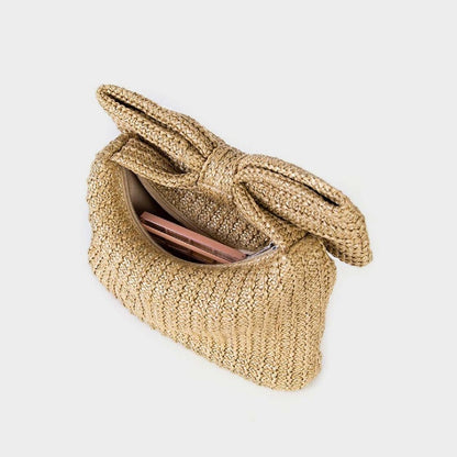 Bow Detail Woven Straw Clutch Handbag for Women