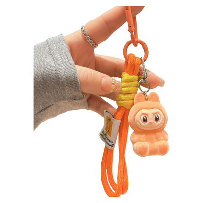 Flocked Labubu Resin Keychain with Cute Strap Plush Bag Charm Accessory