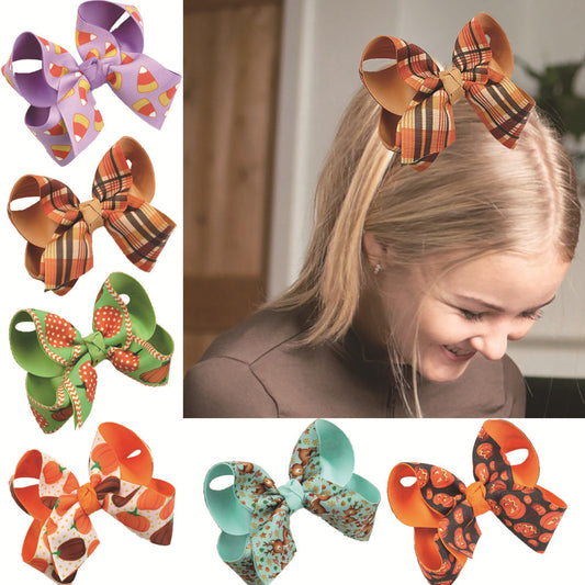 Halloween Fall Pumpkin Face Ghost Corn Plaid Hair Clips Bow Hairpins Girls