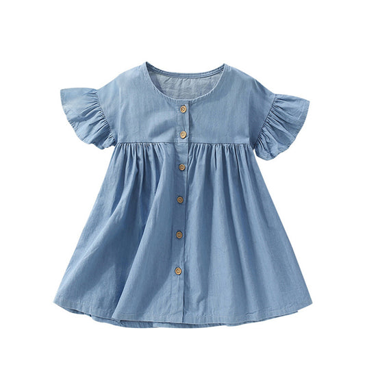 Girls Denim Dress Summer Round Neck Short Sleeve Solid Buttons