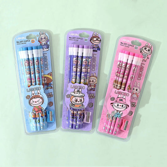 12-Pack Labubu Pencil Set with Sharpener – Cute Cartoon Office & School Stationery Supplies