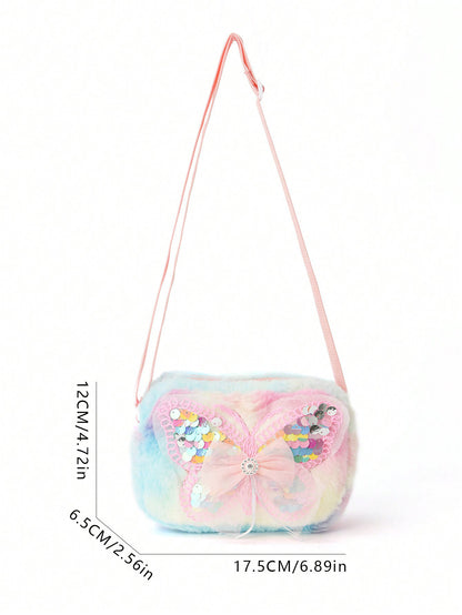 Girls' Plush Crossbody Bag Tie-Dye with Sequin Butterfly Design