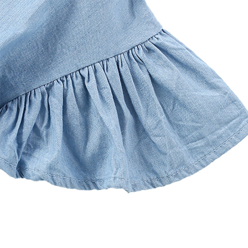 Girls Denim Dress Summer Round Neck Short Sleeve Solid Buttons