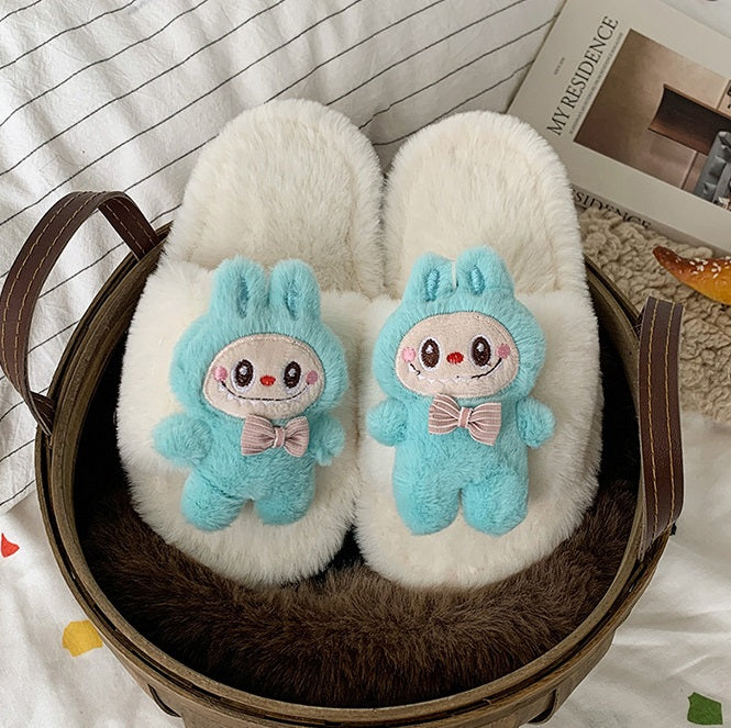 Kids Plush Slippers Fall/Winter New Labubu Stuffed Doll Tie-Dyed Unisex Cozy Non-Slip Slide Slippers