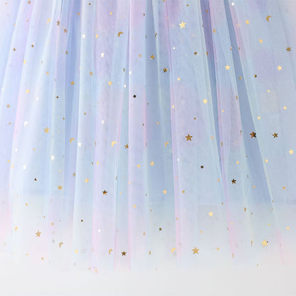 Girls Rainbow Tulle Dress Gold Stars Sparkly Fairy Style