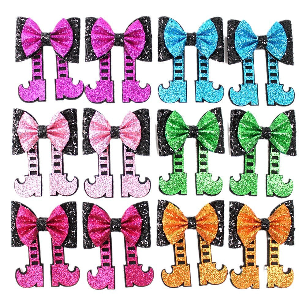 Halloween Glitter Shiny Boot-Shaped Hair Clip Sparkly Bow Hairpin for Kids