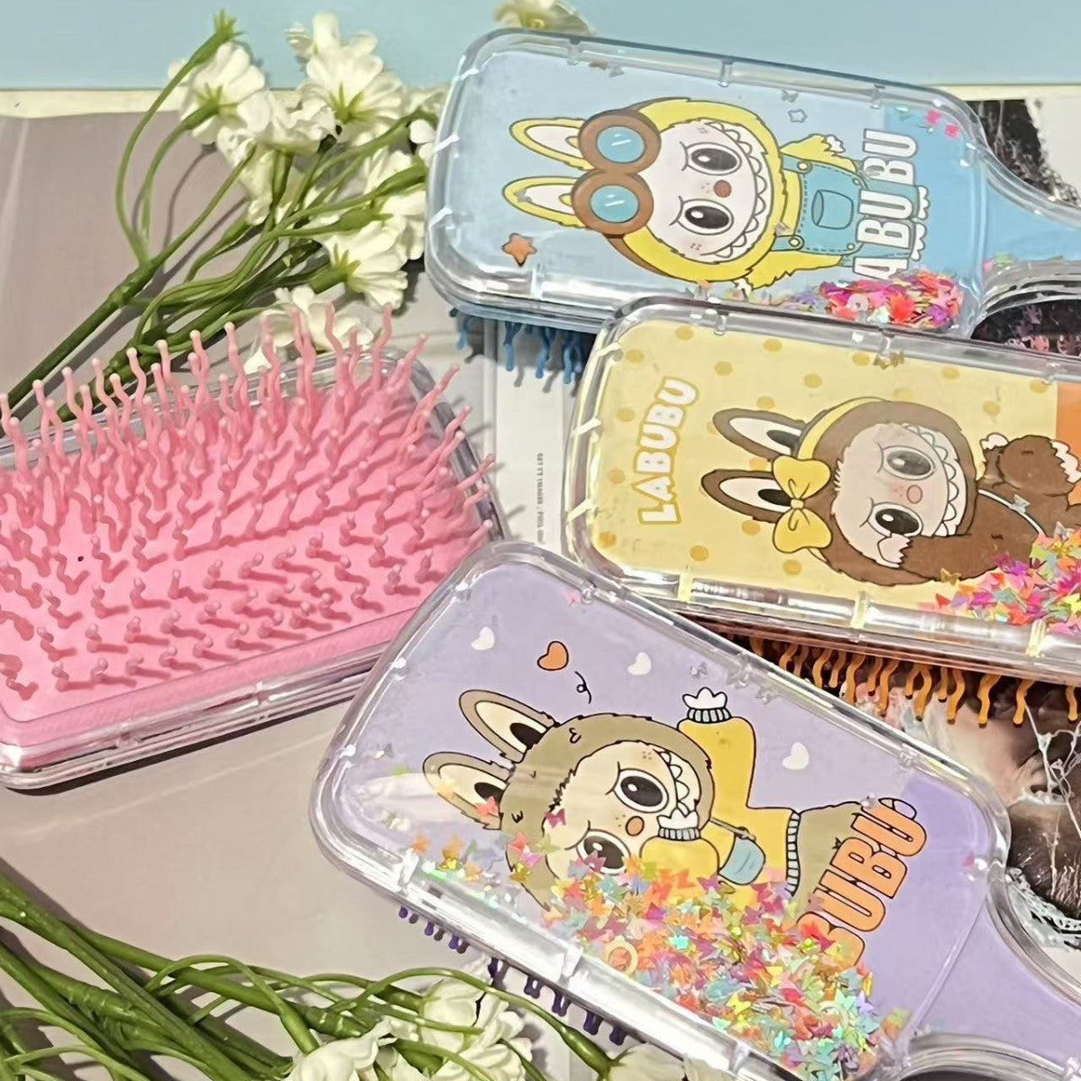 Labubu Cushion Hair Brush with Cartoon Print Glitter Liquid Sequins, Massage Airbag Comb