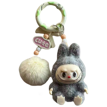 Labubu Sitting Pose Flocked Keychain Plush Bag & Car Keyring Decor Silicone Gift