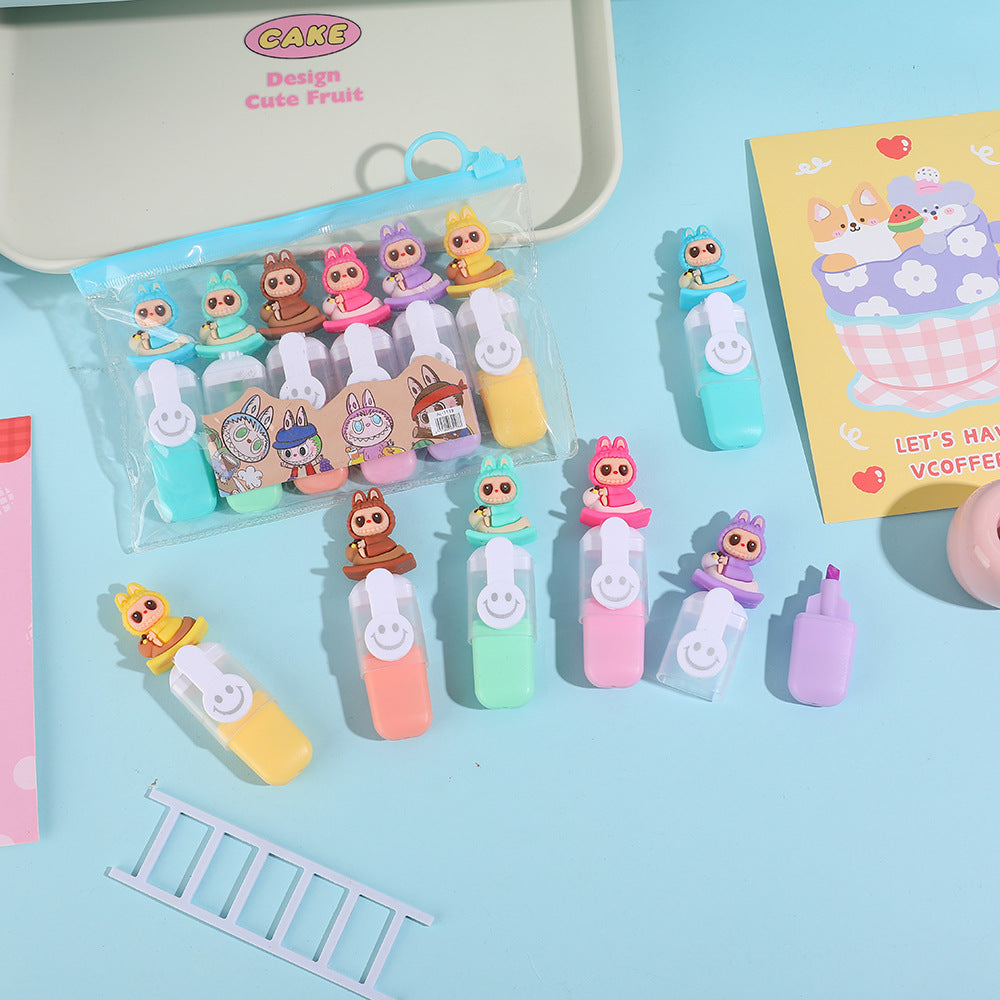 Labubu 6-Pack Cartoon Smiley Mini Highlighters Student Drawing & Highlight Marker Set