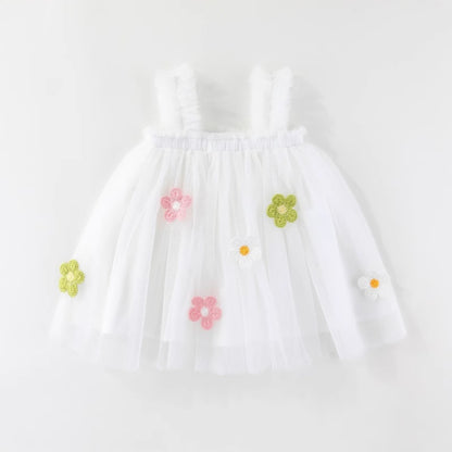 Girls Tulle Dress with 3D Flowers Layered Simple 3 Colors