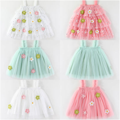 Girls Tulle Dress with 3D Flowers Layered Simple 3 Colors