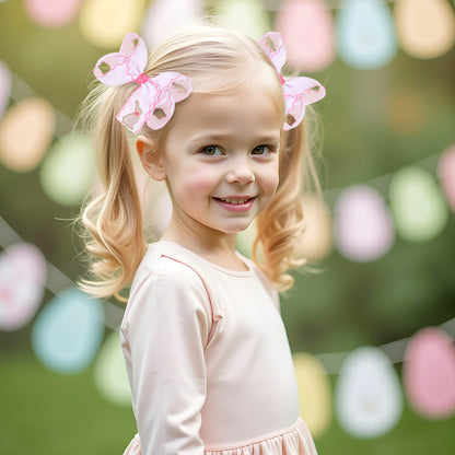 Kids Easter Bunny Embroidered Bow Hair Clip with Overlock Edges, Grosgrain Ribbon Hair Accessory