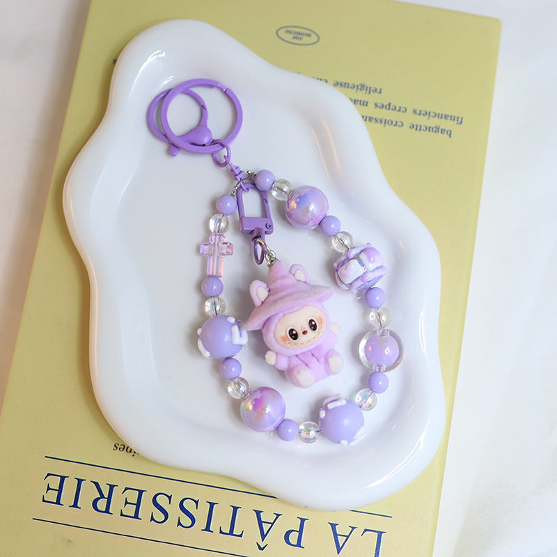 Flocked Labubu Keychain – Cute Character Bag Charm Pendant with Chain