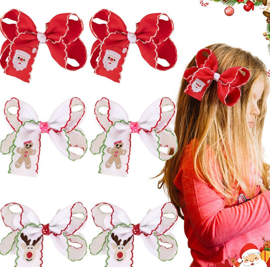 Christmas Santa Claus Reindeer Gingerbread Embroidery Hair Clips Bow Hairpins Girls