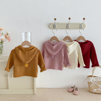 Girls’ Solid Color Hooded Knit Zip-Up Cardigan Fall Winter Warm Raglan Sweater Toddlers & Kids