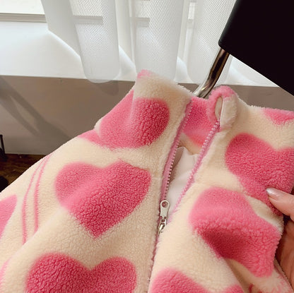 Girls’ Sherpa Lined Zip-Up Hoodie – Valentine’s Heart Jacket