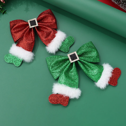Christmas Glitter Bow Hair Clip with Santa Belt and Furry Trim Holiday Hair Accessory
