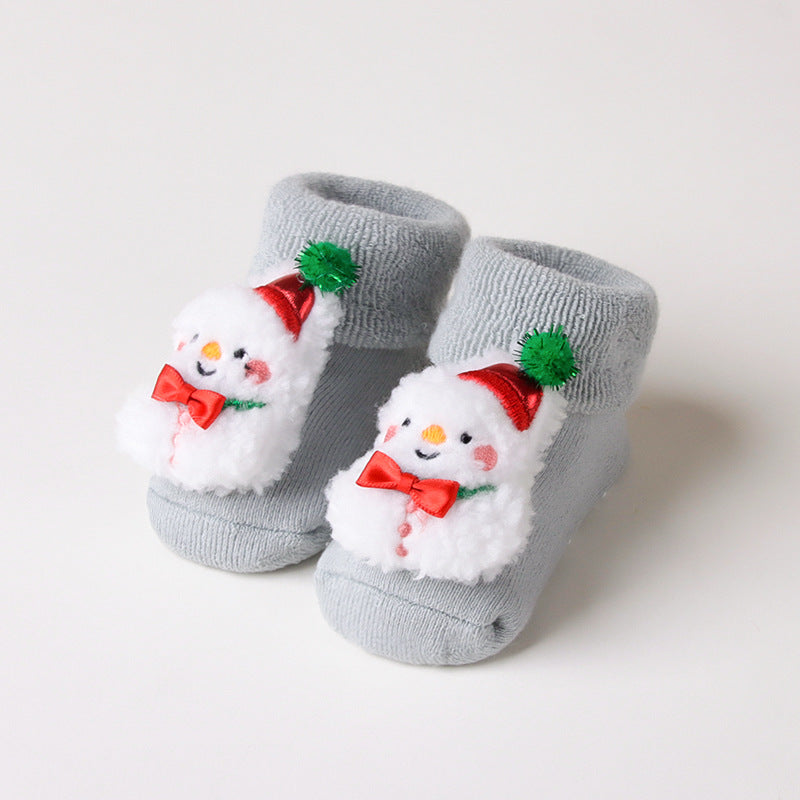 Newborn Baby Christmas Socks Red Combed Cotton Thick Fleece-Lined Non-Slip Floor Socks for Winter