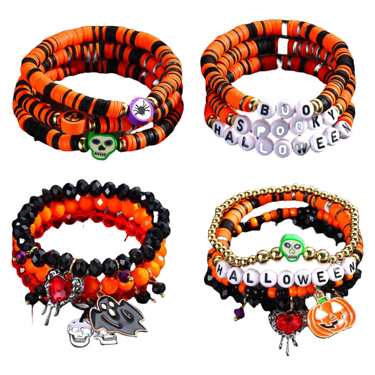 Pumpkin Skull Halloween Bracelets Stretchy Beaded Orange & Black Clay Charm Set