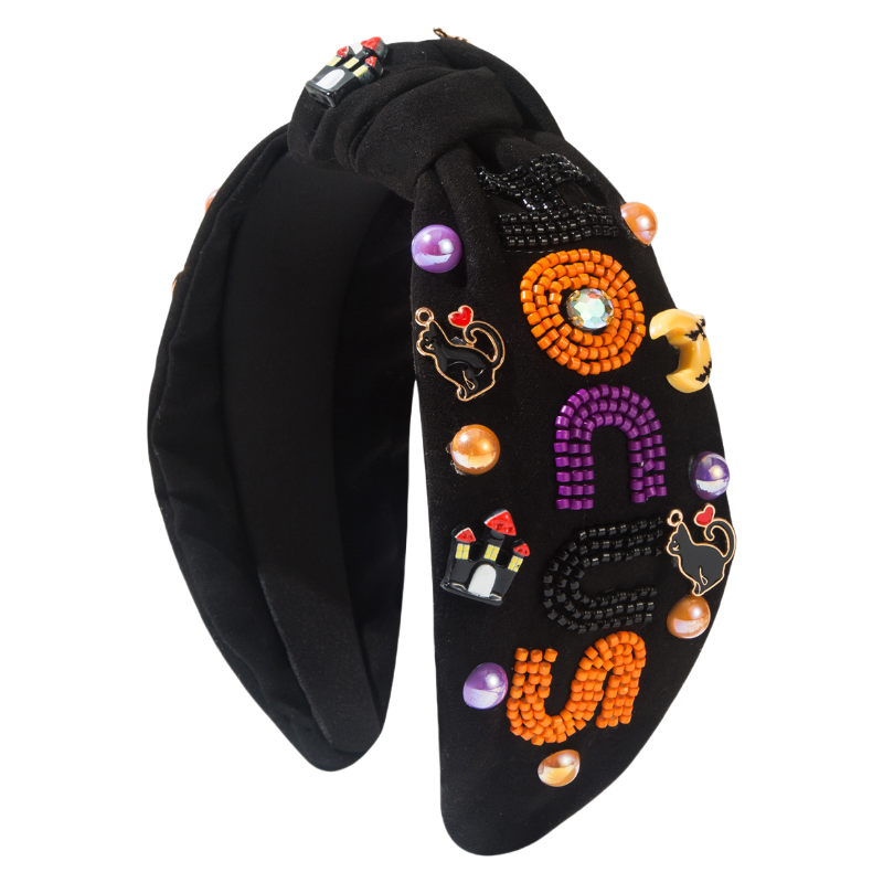 Halloween Fall Pumpkin Hocus Cat Headband Seed Beads Rhinestones Pearl Knot