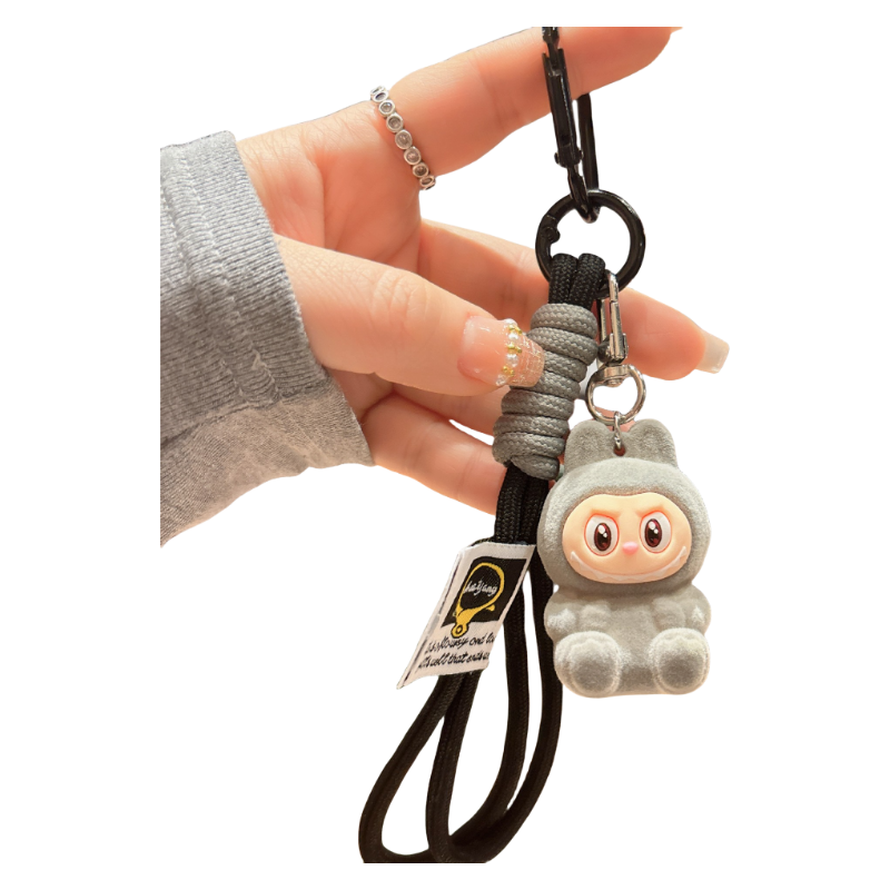 Flocked Labubu Resin Keychain with Cute Strap Plush Bag Charm Accessory