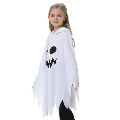 Kids Glow in the Dark Ghost Costume Halloween White and Black Cape with Light-Up Face