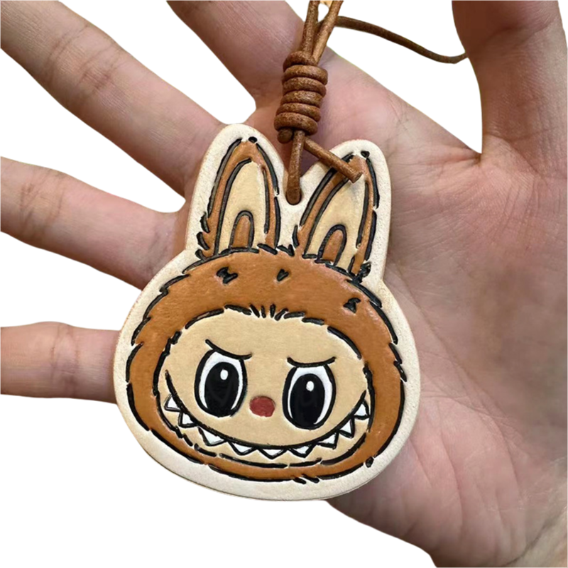 Handmade Leather Cartoon Bag Charm Cute Labubu Keychain Pendant