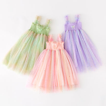 Children Bow Detail Smocked Tulle Strapless Puffy Party Dress