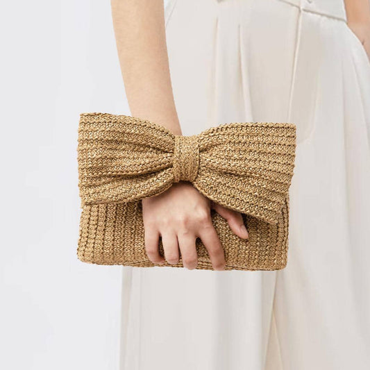 Bow Detail Woven Straw Clutch Handbag for Women