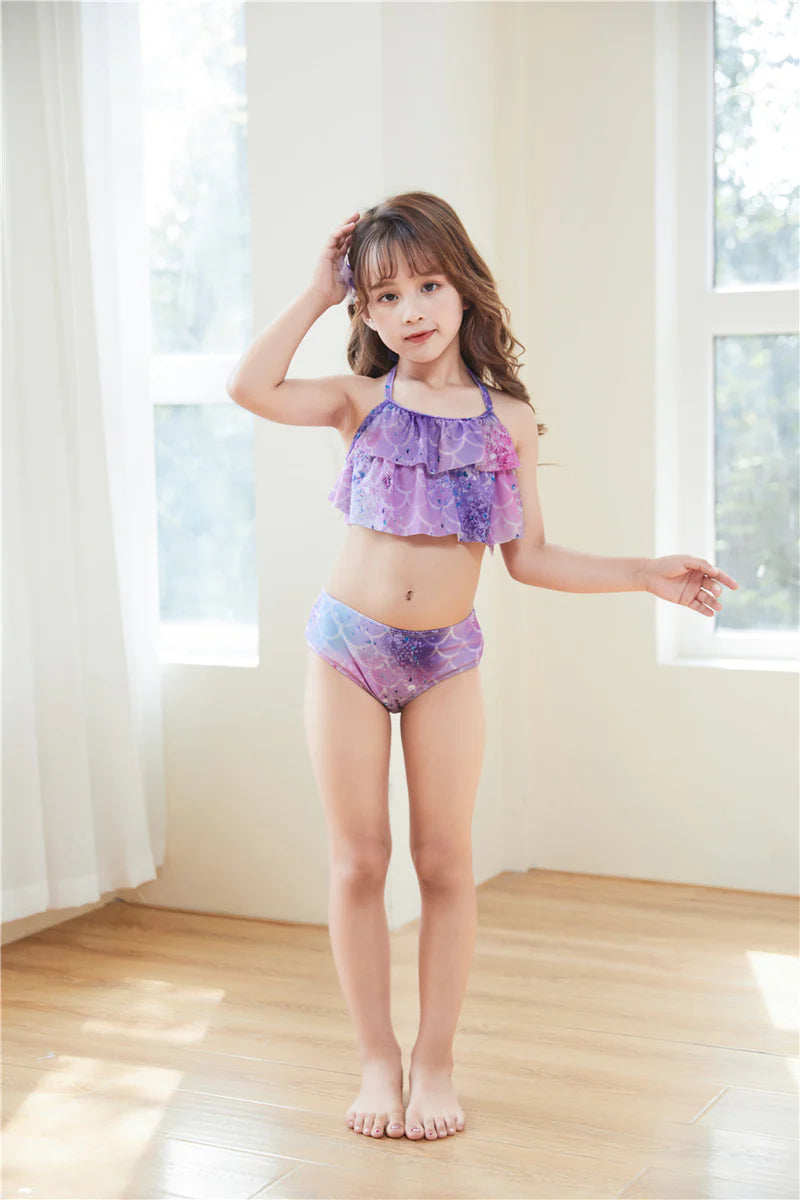 Girls Mermaid Tail Swimsuit Set – Gradient Scale Bikini Top & Mermaid Skirt for Kids, Beach & Pool Costume