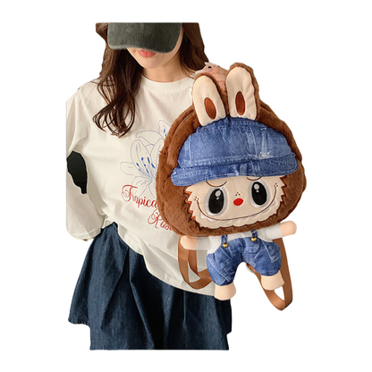 Kids Girls Labubu Hat Overall Soft Plush Backpack Character Doll School Bag