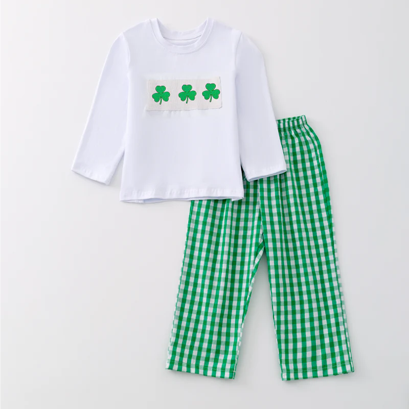 St.Patrick's Day Green Plaid Clover Smock Embroidery Collection