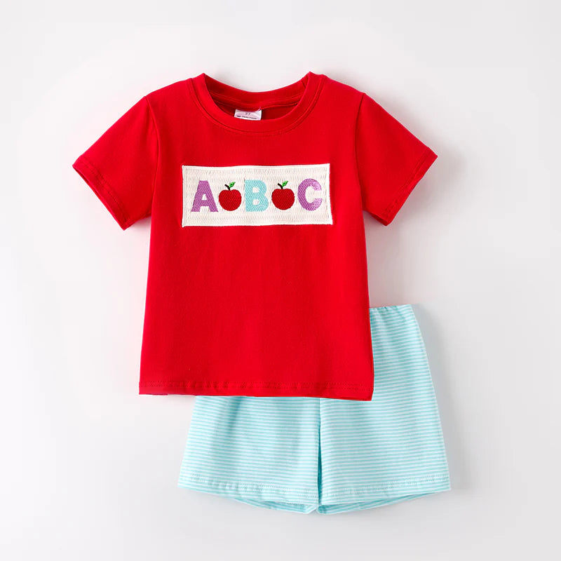 Boys Back To School ABC Apple Embroidery Smocked Short Set