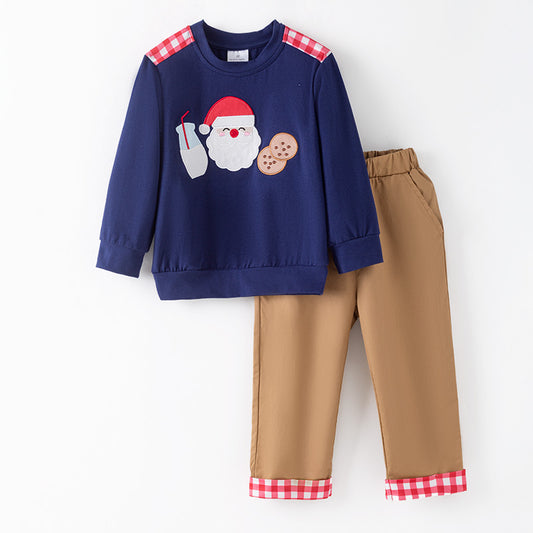 Boys 2 Pieces Christmas Santa Embroidery Boutique Pant Set