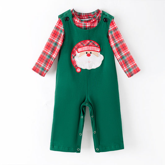 Baby Boys Christmas 2 Pieces Santa Embroidery Green Red Top With Romper