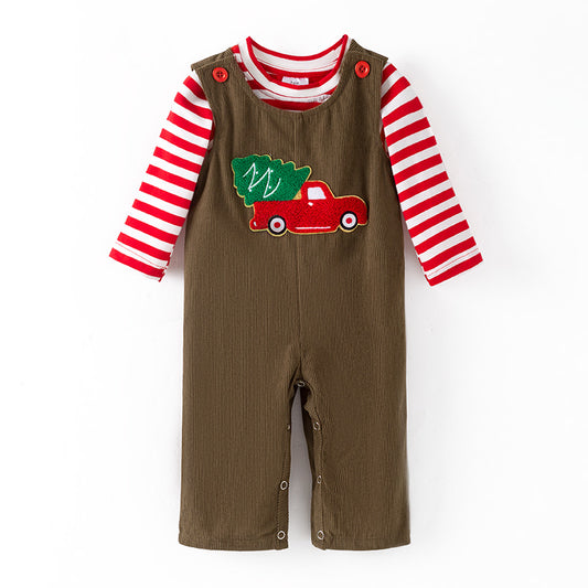 2 Pieces Boy Christmas Embroidery Long Sleeves Top Romper Set