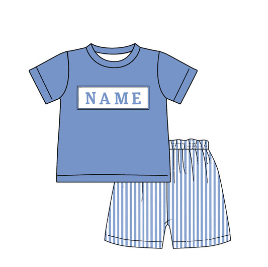 Boys Summer Smocked Custom Name Blue Stripes Short Set