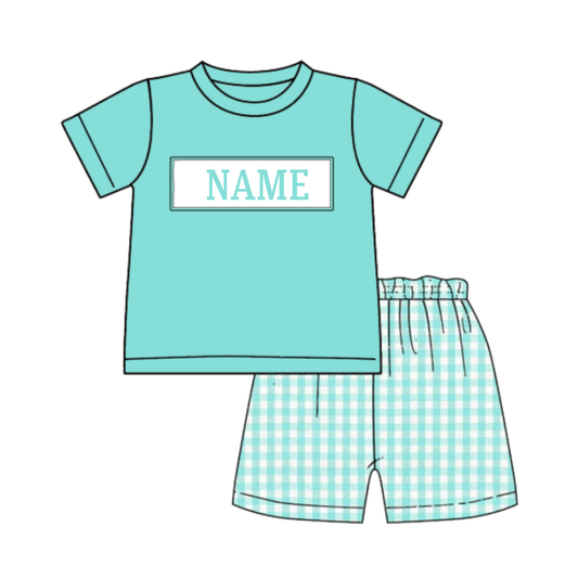 Boys Summer Custom Name Blue Plaid Romper Short Set