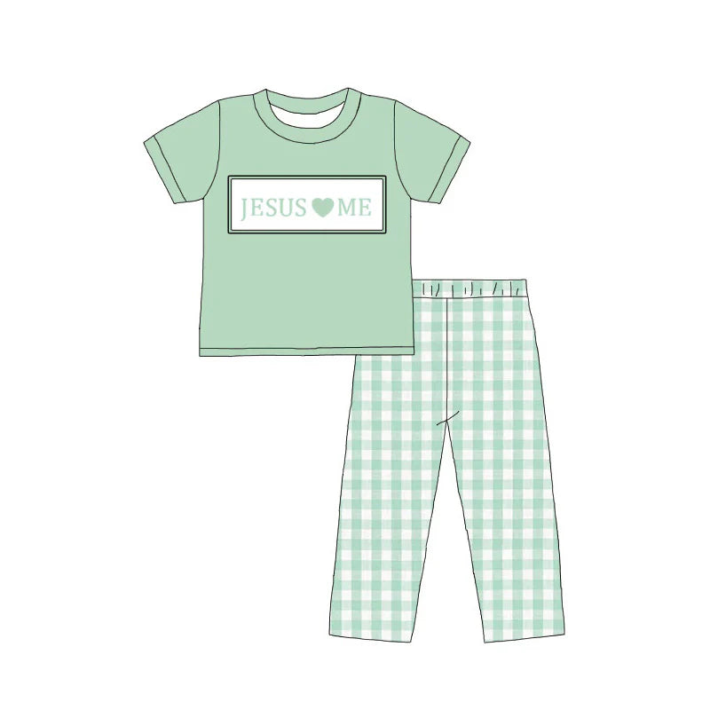 Kids Fall Sibling JESUS LOVE ME Embroidery Green Floral Plaid Clothes