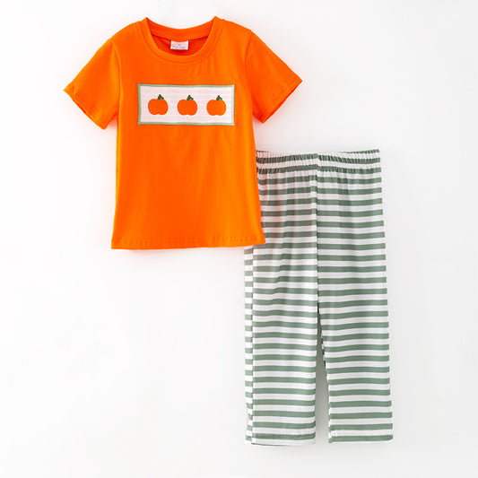 Boys Halloween Pumpkin Embroidery Smocked Stripes Pant Set